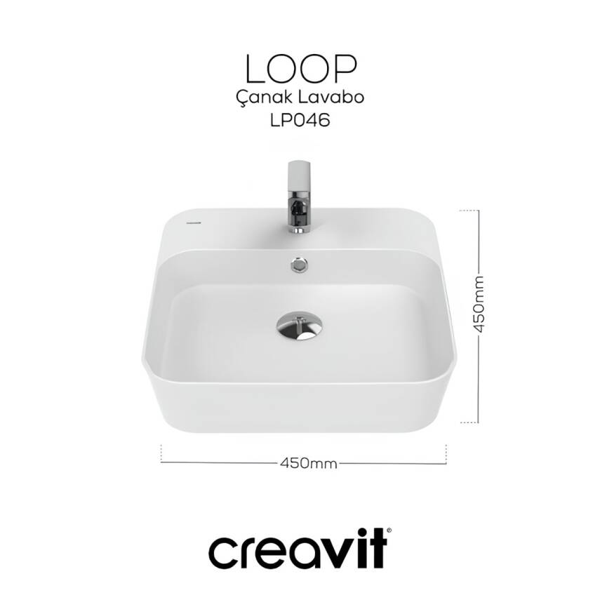 Creavit Loop Kare Tezgâh Üstü Batarya Delikli Beyaz Lavabo 45x45 Cm LP046 - 4