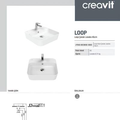Creavit Loop Kare Tezgâh Üstü Batarya Delikli Beyaz Lavabo 45x45 Cm LP046 - 5