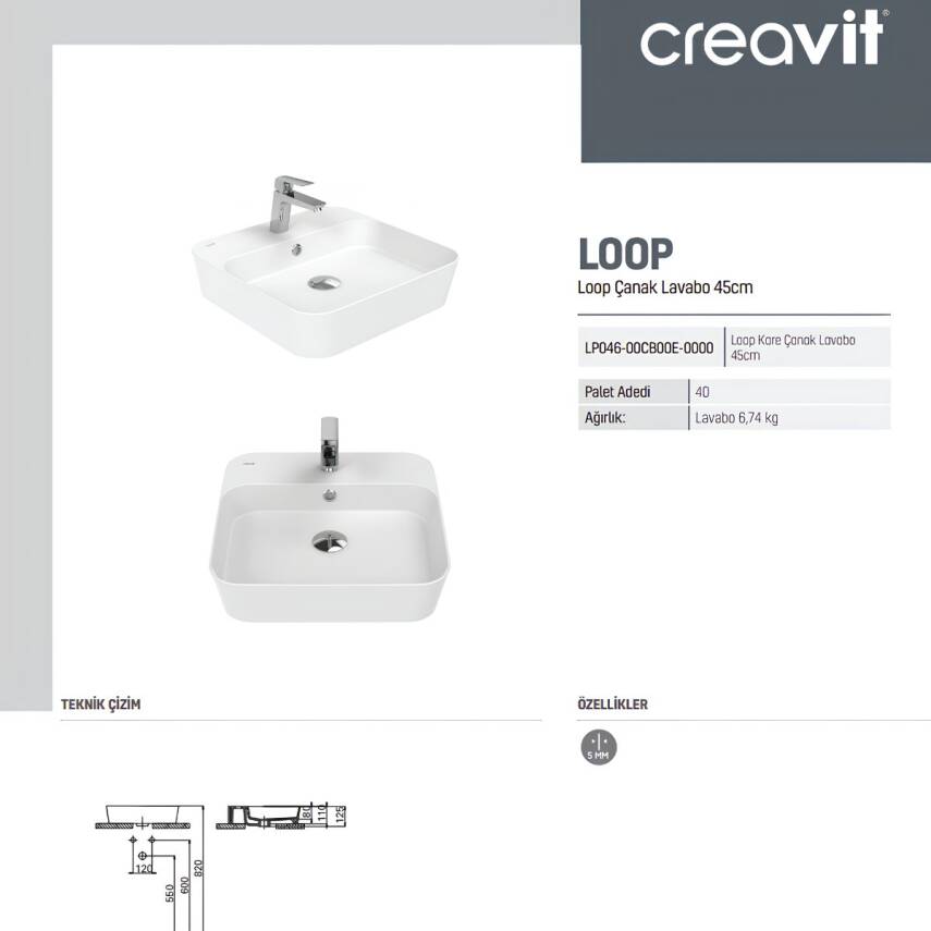 Creavit Loop Kare Tezgâh Üstü Batarya Delikli Beyaz Lavabo 45x45 Cm LP046 - 5