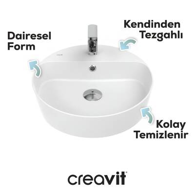Creavit Loop Oval Tezgâh Üstü Batarya Delikli Beyaz Lavabo 45x45 Cm LP146