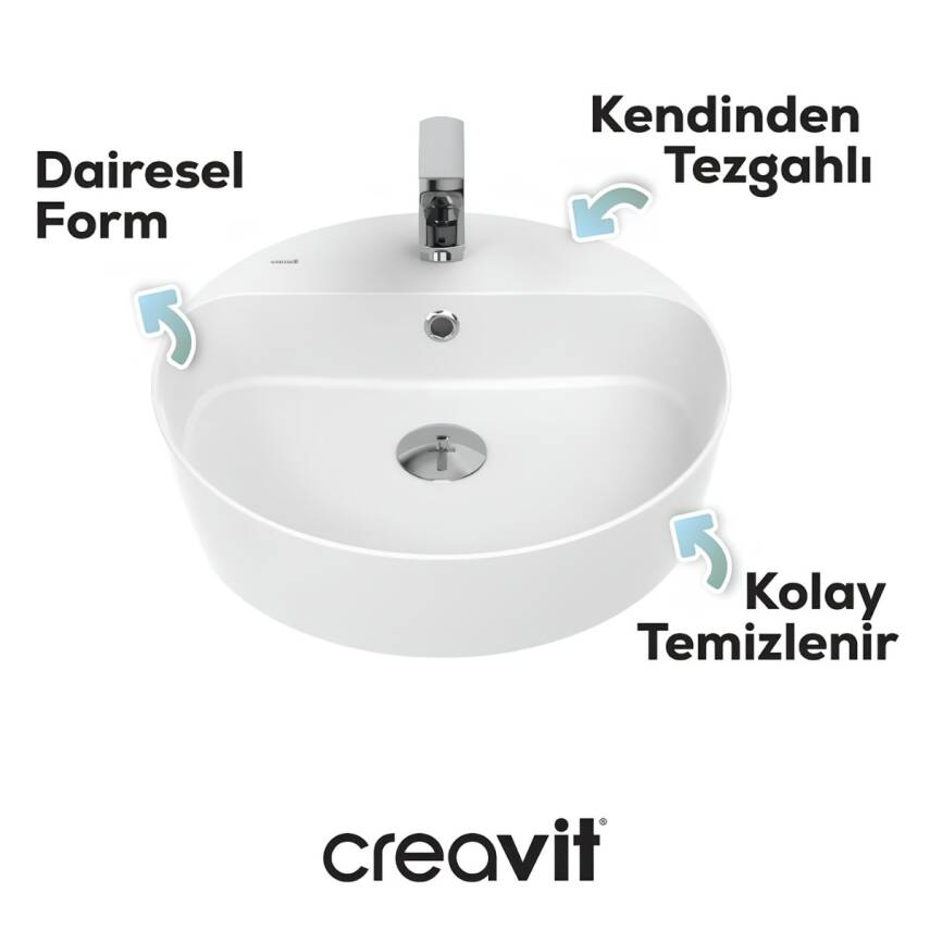 Creavit Loop Oval Tezgâh Üstü Batarya Delikli Beyaz Lavabo 45x45 Cm LP146 - 1