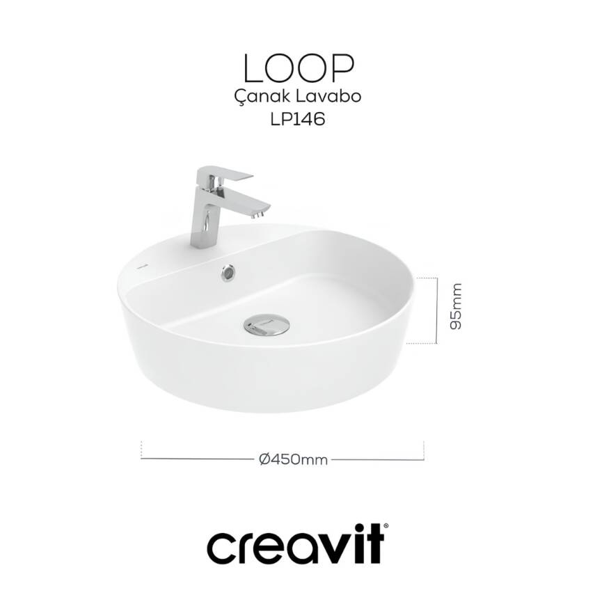 Creavit Loop Oval Tezgâh Üstü Batarya Delikli Beyaz Lavabo 45x45 Cm LP146 - 2