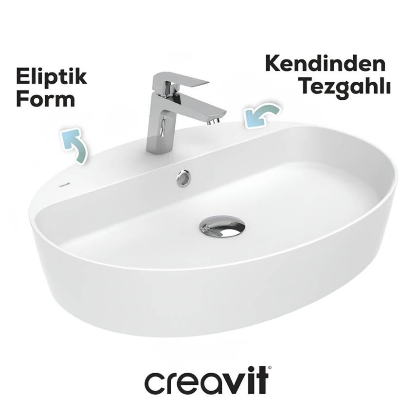 Creavit Loop Oval Tezgâh Üstü Batarya Delikli Beyaz Lavabo 60x45 Cm LP161 - 1