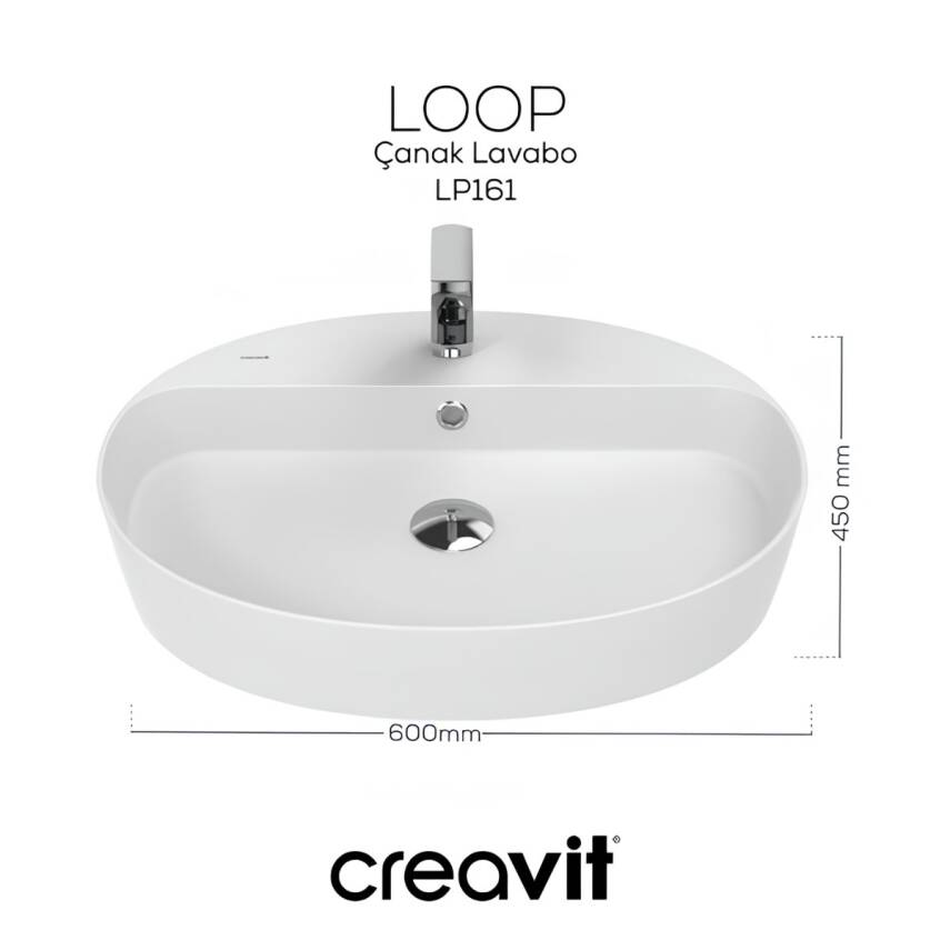 Creavit Loop Oval Tezgâh Üstü Batarya Delikli Beyaz Lavabo 60x45 Cm LP161 - 2