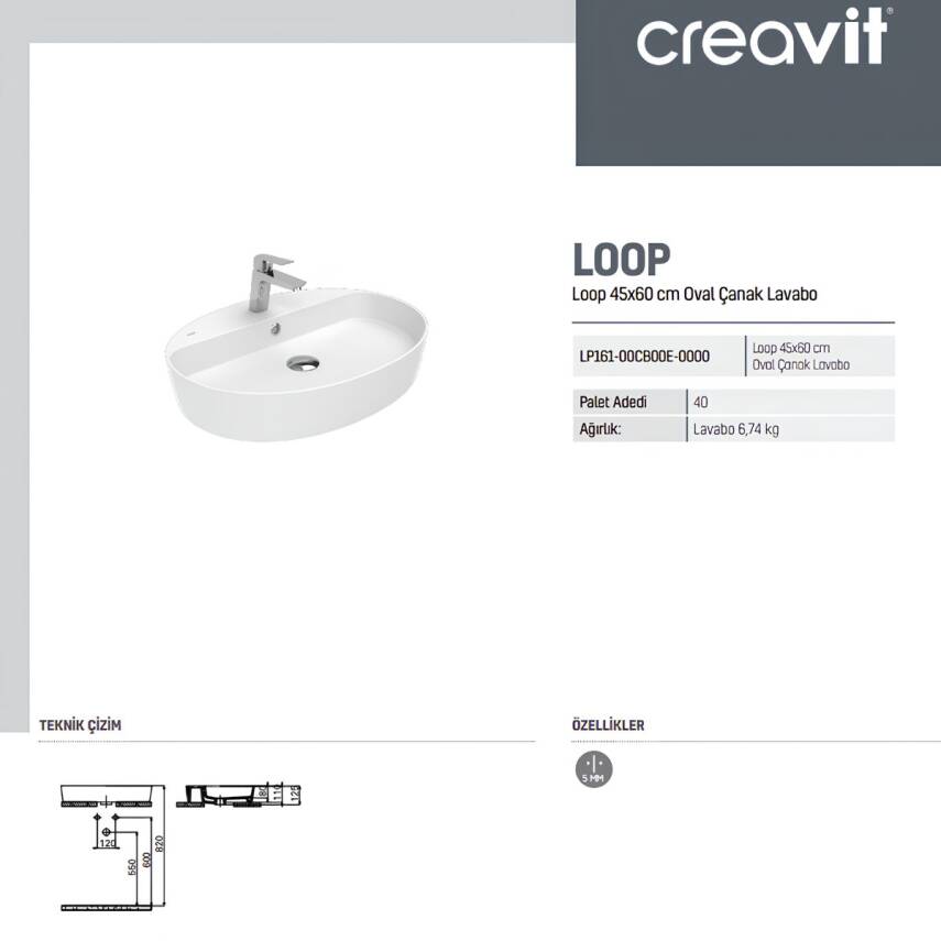 Creavit Loop Oval Tezgâh Üstü Batarya Delikli Beyaz Lavabo 60x45 Cm LP161 - 4