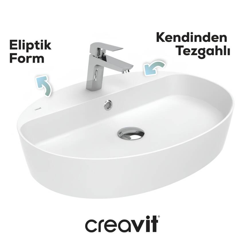 Creavit Loop Oval Tezgâh Üstü Batarya Delikli Beyaz Lavabo 70x45 Cm LP171 - 1