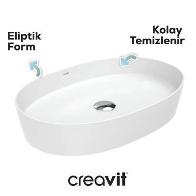 Creavit Loop Oval Tezgâh Üstü Batarya Deliksiz Beyaz Lavabo 70x40 Cm LP170