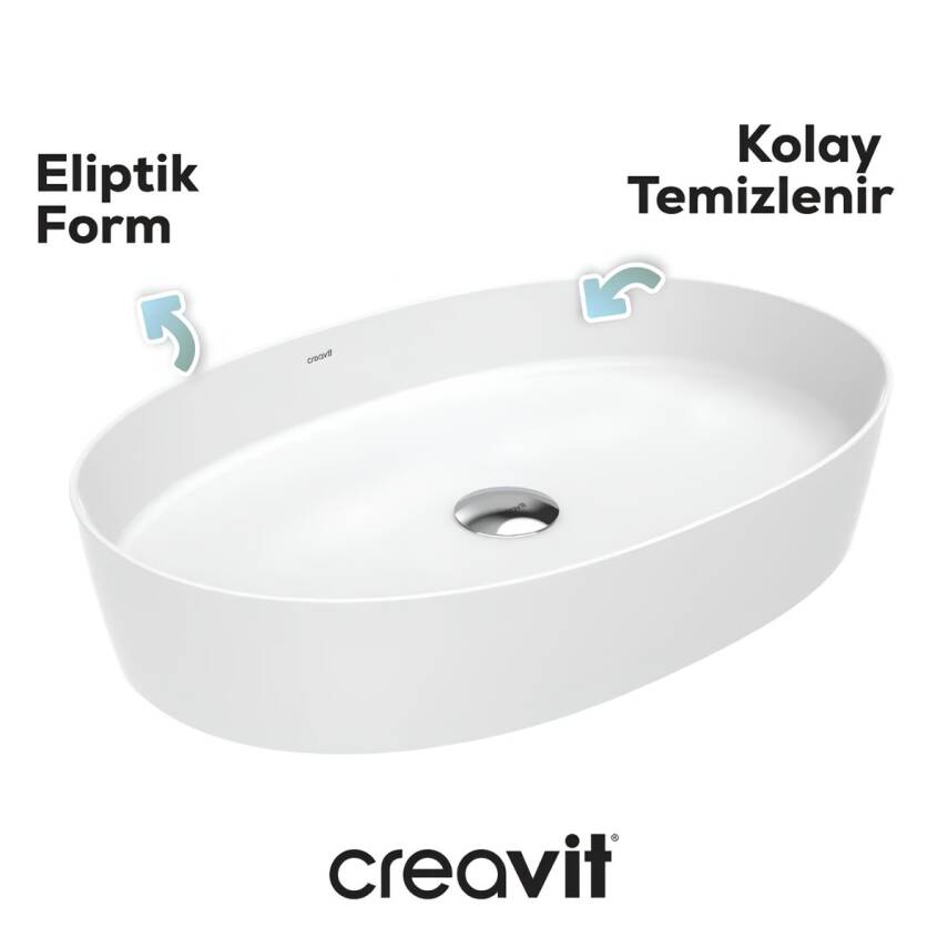 Creavit Loop Oval Tezgâh Üstü Batarya Deliksiz Beyaz Lavabo 70x40 Cm LP170 - 1
