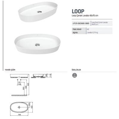 Creavit Loop Oval Tezgâh Üstü Batarya Deliksiz Beyaz Lavabo 70x40 Cm LP170 - 2