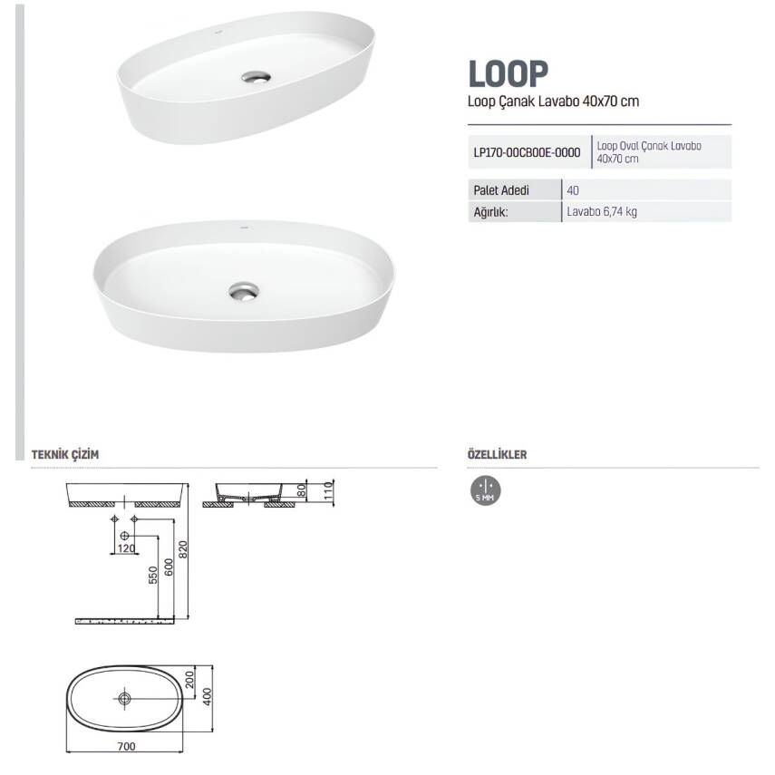 Creavit Loop Oval Tezgâh Üstü Batarya Deliksiz Beyaz Lavabo 70x40 Cm LP170 - 2