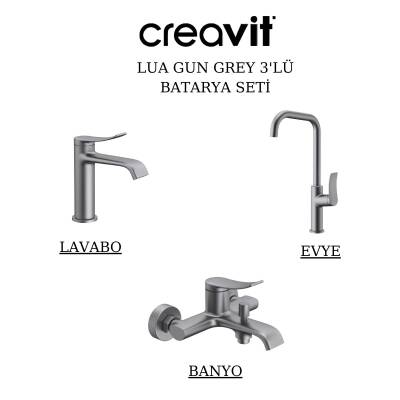 Creavit Lua Metalik Gri Lavabo-Banyo-Eviye Bataryası 3'lü Set LU1500GR-LU2500GR-LU8500GR