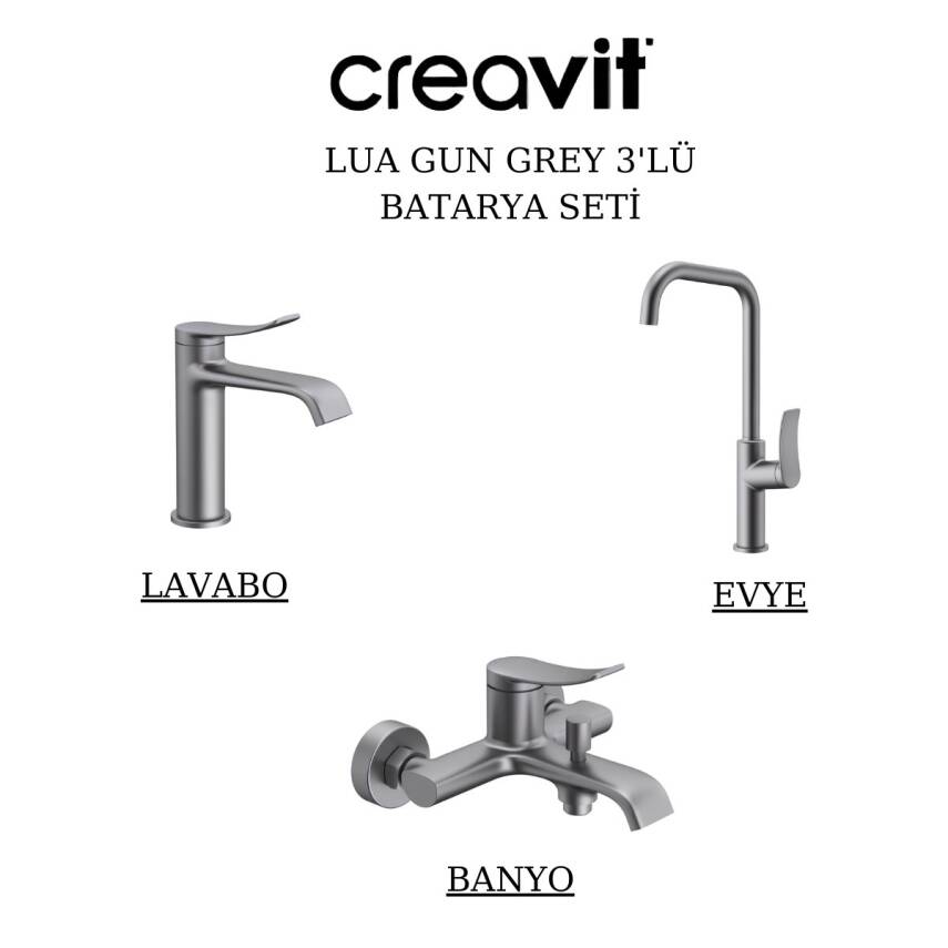 Creavit Lua Metalik Gri Lavabo-Banyo-Eviye Bataryası 3'lü Set LU1500GR-LU2500GR-LU8500GR - 1