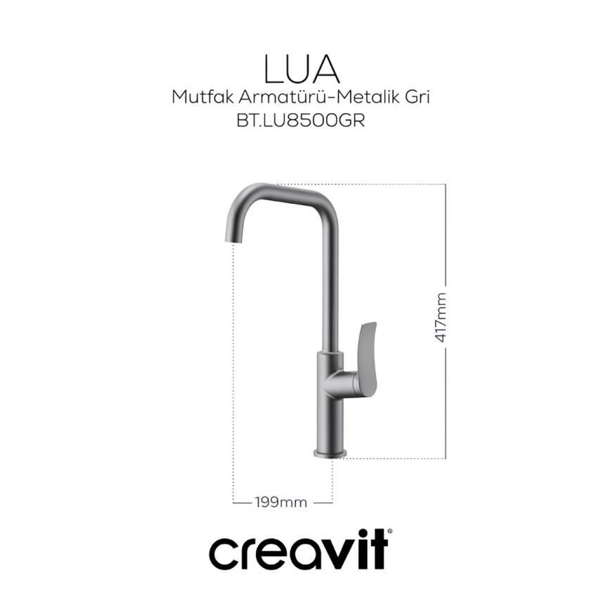 Creavit Lua Metalik Gri Lavabo-Banyo-Eviye Bataryası 3'lü Set LU1500GR-LU2500GR-LU8500GR - 3