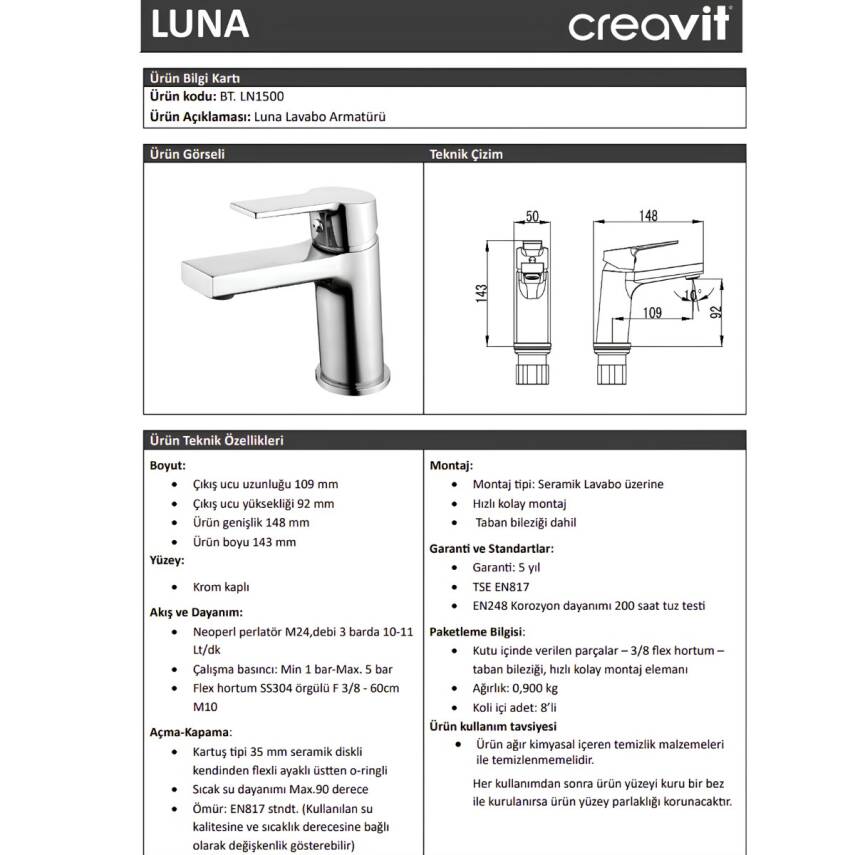 Creavit Luna Krom Lavabo Bataryası LN1500 - 2
