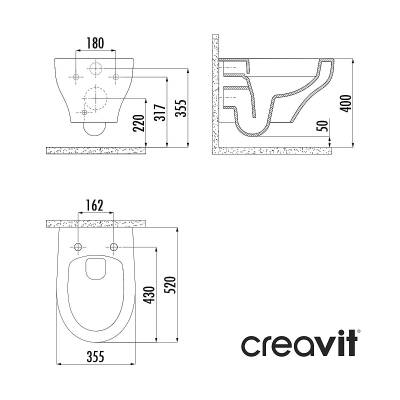 Creavit Ness Kanalsız Beyaz Açık Montaj Asma Klozet NS322, Creavit Ness Duroplast Yavaş Kapak KC3403.02 - 5