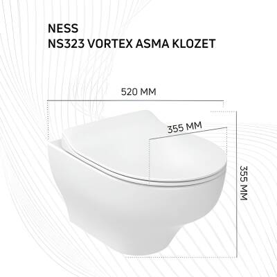 Creavit Ness Vortex Beyaz Asma Klozet NS323, Creavit Ness Duroplast Yavaş Kapak KC3403.01