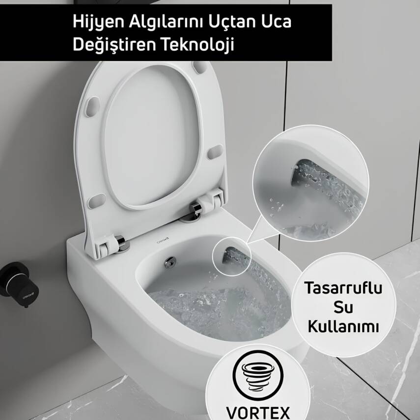 Creavit Ness Vortex Beyaz Asma Klozet NS323, Creavit Ness Duroplast Yavaş Kapak KC3403.01 - 2