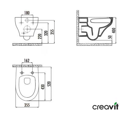 Creavit Ness Vortex Beyaz Asma Klozet NS323, Creavit Ness Duroplast Yavaş Kapak KC3403.01 - 5