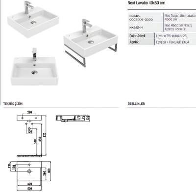 Creavit Next Kare Tezgâh Üstü Batarya Delikli Beyaz Lavabo 50x40 Cm NX242 - 2