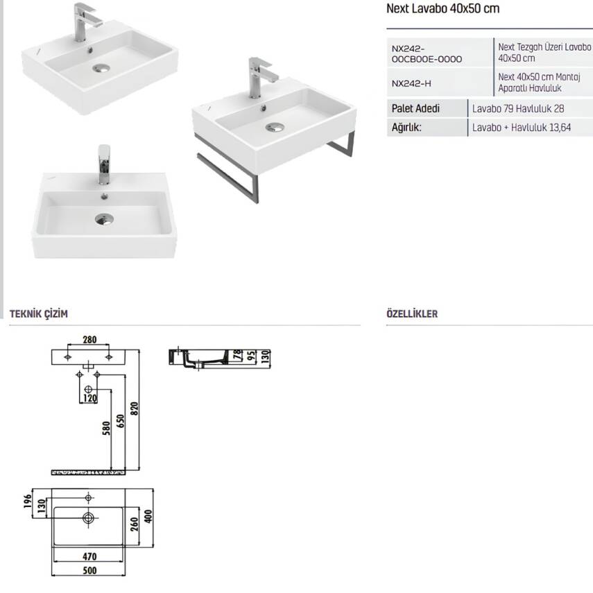 Creavit Next Kare Tezgâh Üstü Batarya Delikli Beyaz Lavabo 50x40 Cm NX242 - 2