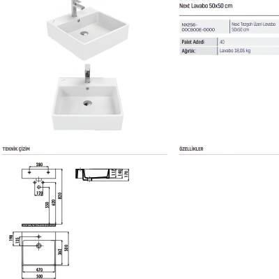 Creavit Next Kare Tezgâh Üstü Batarya Delikli Beyaz Lavabo 50x50 Cm NX256 - 2