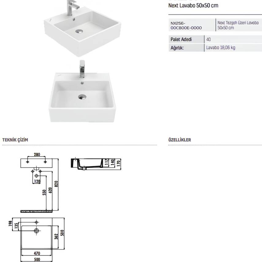 Creavit Next Kare Tezgâh Üstü Batarya Delikli Beyaz Lavabo 50x50 Cm NX256 - 2