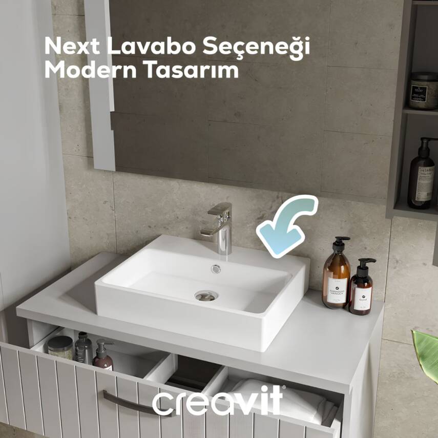 Creavit Next Kare Tezgâh Üstü Batarya Delikli Beyaz Lavabo 60x50 Cm NX260 - 1