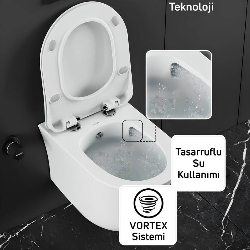 Creavit Nora Vortex Beyaz Asma Klozet NO323, Creavit Nora Duck Duroplast Yavaş Kapak - 3