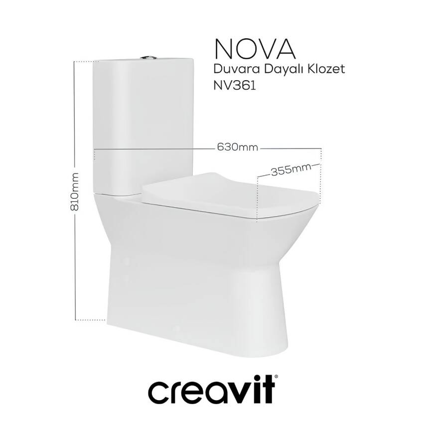 Creavit Nova Kanalsız Beyaz Duvara Sıfır Klozet Takımı NV361, Creavit Lara Yavaş Kapak - 1