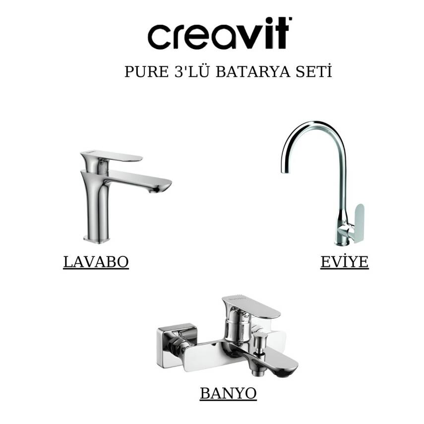 Creavit Pure Krom Lavabo-Banyo-Eviye Bataryası 3'lü Set PR1500-PR2500-PR8501 - 1