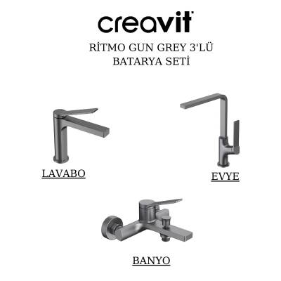 Creavit Ritmo Metalik Gri Lavabo-Banyo-Eviye Bataryası 3'lü Set RT1500GR-RT2500GR-RT8500GR