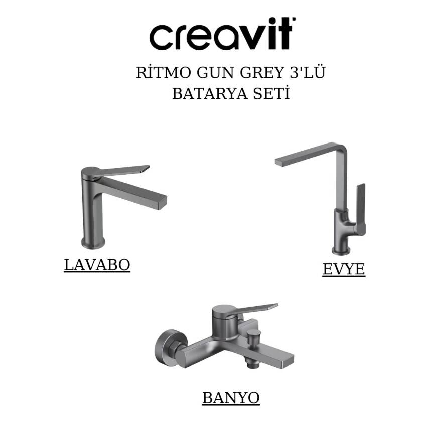 Creavit Ritmo Metalik Gri Lavabo-Banyo-Eviye Bataryası 3'lü Set RT1500GR-RT2500GR-RT8500GR - 1