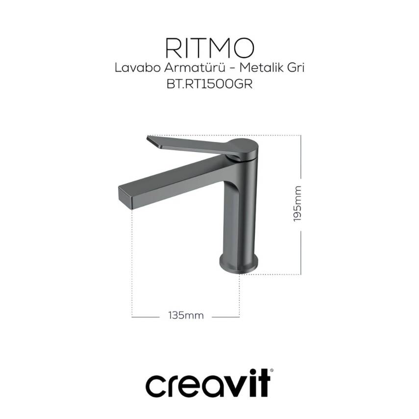 Creavit Ritmo Metalik Gri Lavabo Bataryası RT1500GR - 4