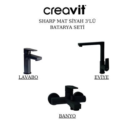 Creavit Sharp Mat Siyah Lavabo-Banyo-Eviye Bataryası 3'lü Set SR1500S-SR2510S-SR8500S