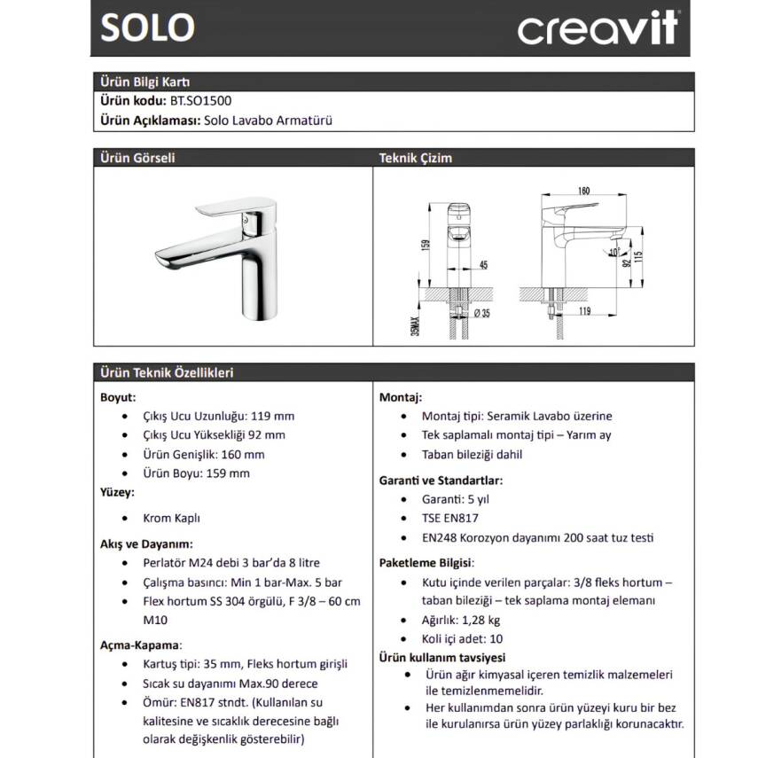Creavit Solo Krom Lavabo Bataryası SO1500 - 2