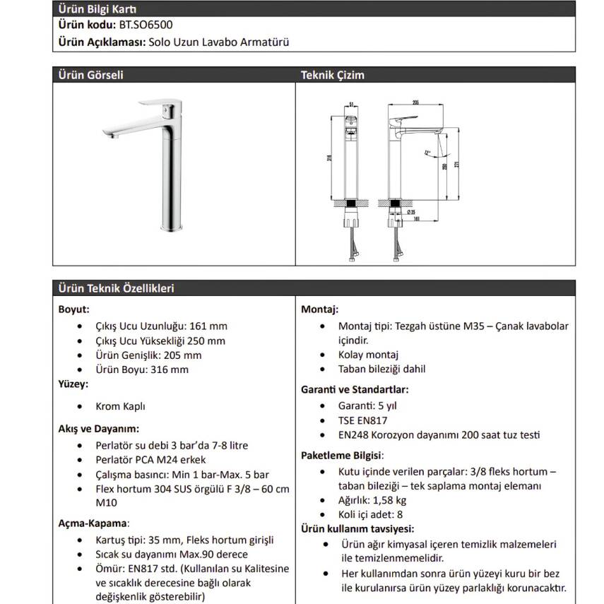 Creavit Solo Krom Uzun Lavabo Bataryası SO6500 - 2