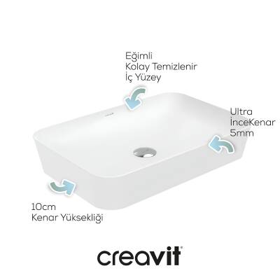 Creavit Ultra Dikdörtgen Tezgâh Üstü Batarya Deliksiz Beyaz Lavabo 60x40 Cm UL060