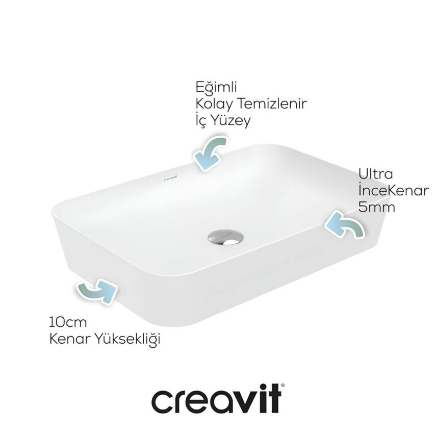 Creavit Ultra Dikdörtgen Tezgâh Üstü Batarya Deliksiz Beyaz Lavabo 60x40 Cm UL060 - 1
