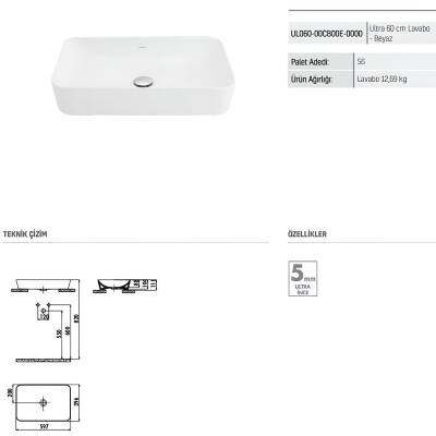 Creavit Ultra Dikdörtgen Tezgâh Üstü Batarya Deliksiz Beyaz Lavabo 60x40 Cm UL060 - 4