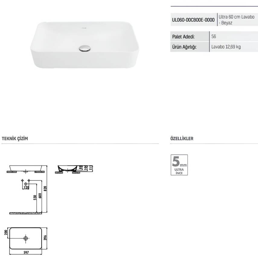 Creavit Ultra Dikdörtgen Tezgâh Üstü Batarya Deliksiz Beyaz Lavabo 60x40 Cm UL060 - 4