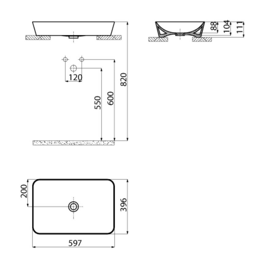 Creavit Ultra Dikdörtgen Tezgâh Üstü Batarya Deliksiz Beyaz Lavabo 60x40 Cm UL060 - 5