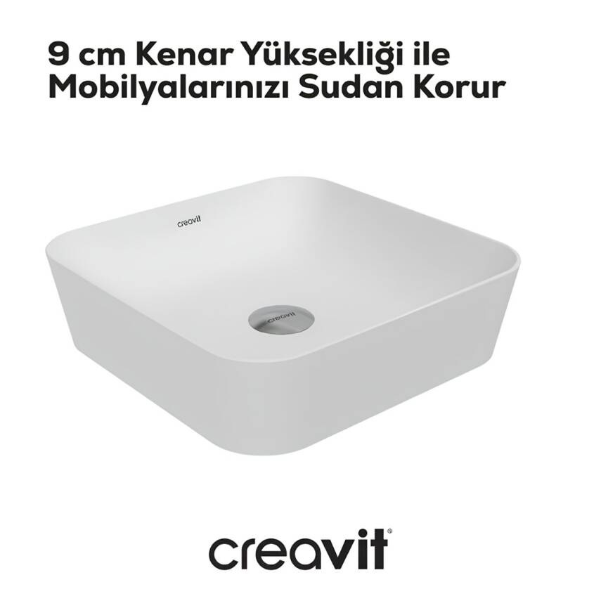 Creavit Ultra Kare Tezgâh Üstü Batarya Deliksiz Beyaz Lavabo 40x40 Cm UL040 - 1