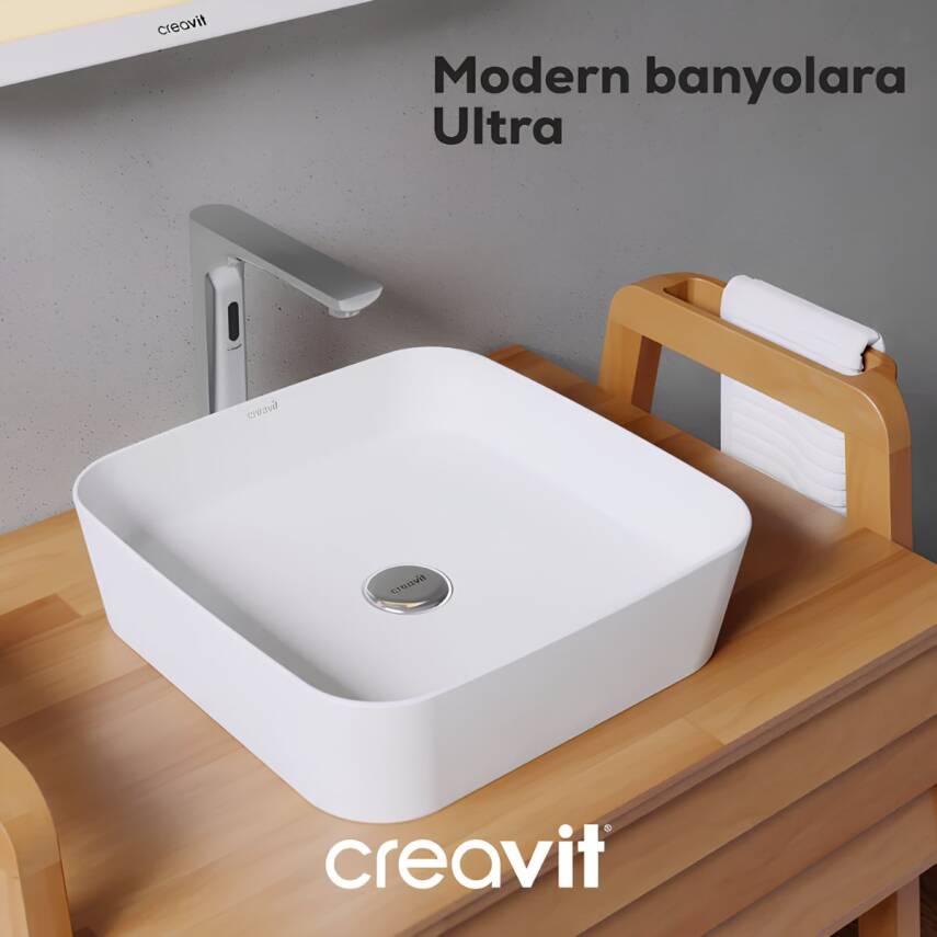 Creavit Ultra Kare Tezgâh Üstü Batarya Deliksiz Beyaz Lavabo 40x40 Cm UL040 - 2