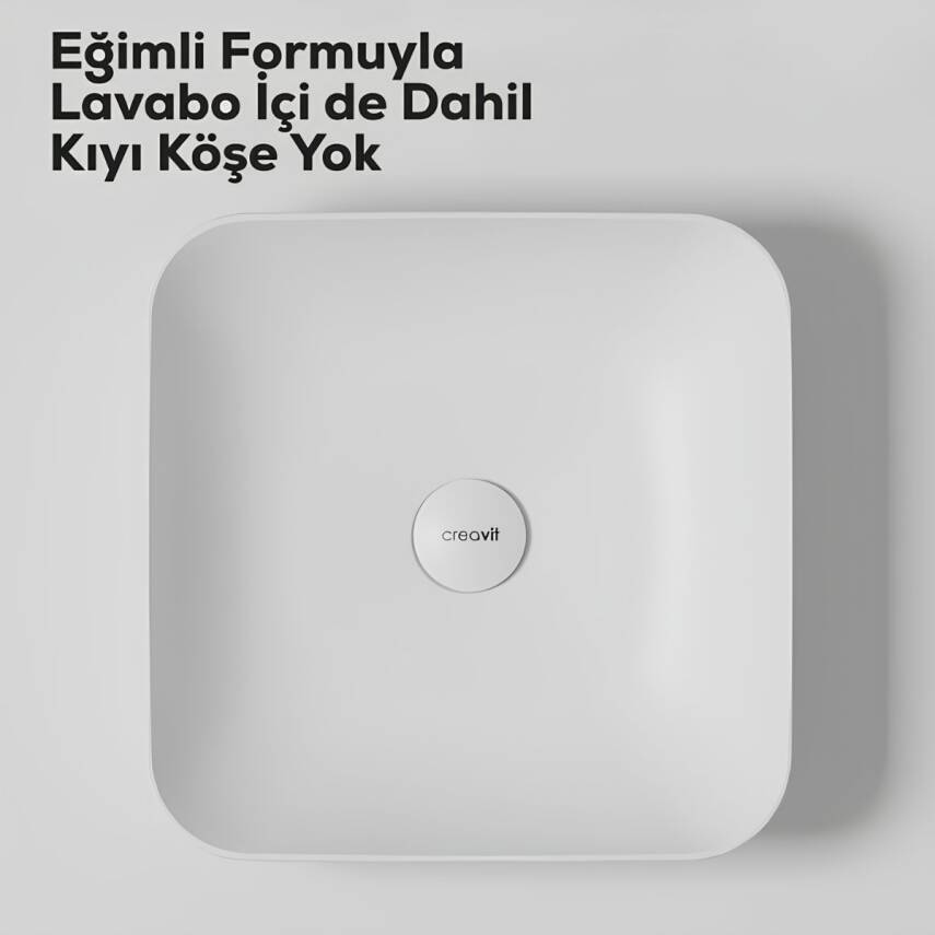 Creavit Ultra Kare Tezgâh Üstü Batarya Deliksiz Beyaz Lavabo 40x40 Cm UL040 - 3