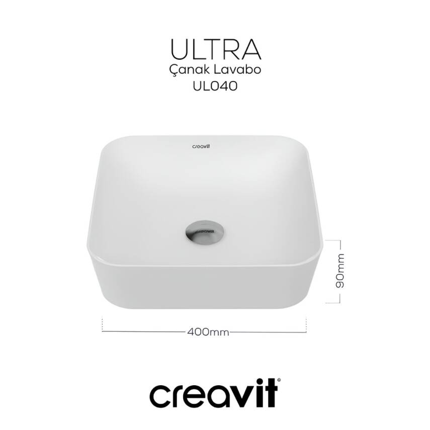 Creavit Ultra Kare Tezgâh Üstü Batarya Deliksiz Beyaz Lavabo 40x40 Cm UL040 - 5