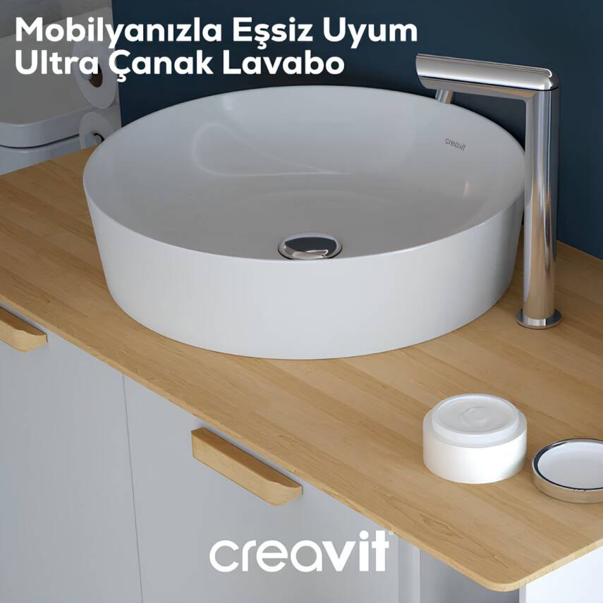 Creavit Ultra Yuvarlak Tezgâh Üstü Batarya Deliksiz Beyaz Lavabo 40x40 Cm UL140 - 1