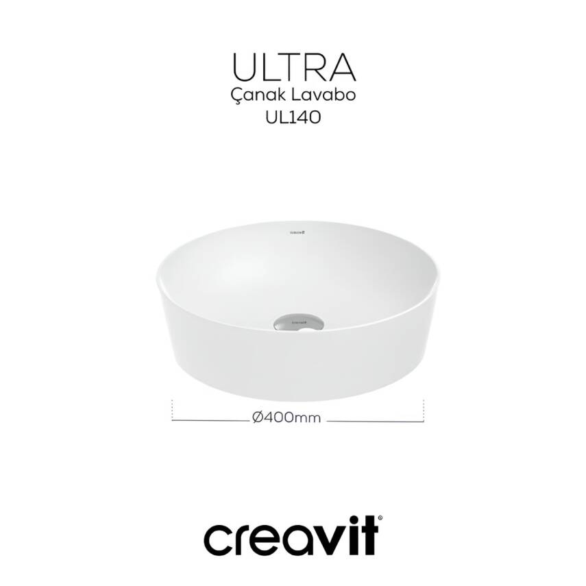 Creavit Ultra Yuvarlak Tezgâh Üstü Batarya Deliksiz Beyaz Lavabo 40x40 Cm UL140 - 3
