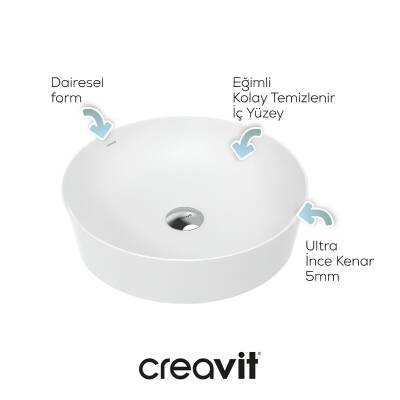 Creavit Ultra Yuvarlak Tezgâh Üstü Batarya Deliksiz Beyaz Lavabo 45x45 Cm UL145 - 2