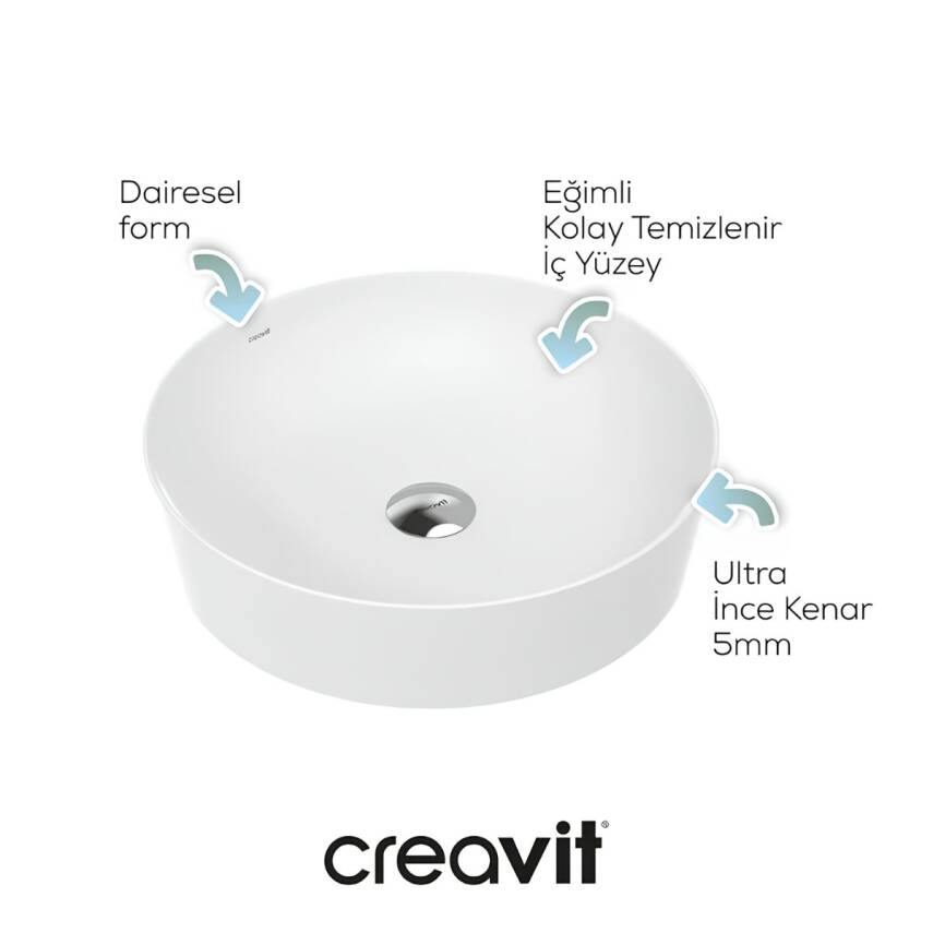 Creavit Ultra Yuvarlak Tezgâh Üstü Batarya Deliksiz Beyaz Lavabo 45x45 Cm UL145 - 2