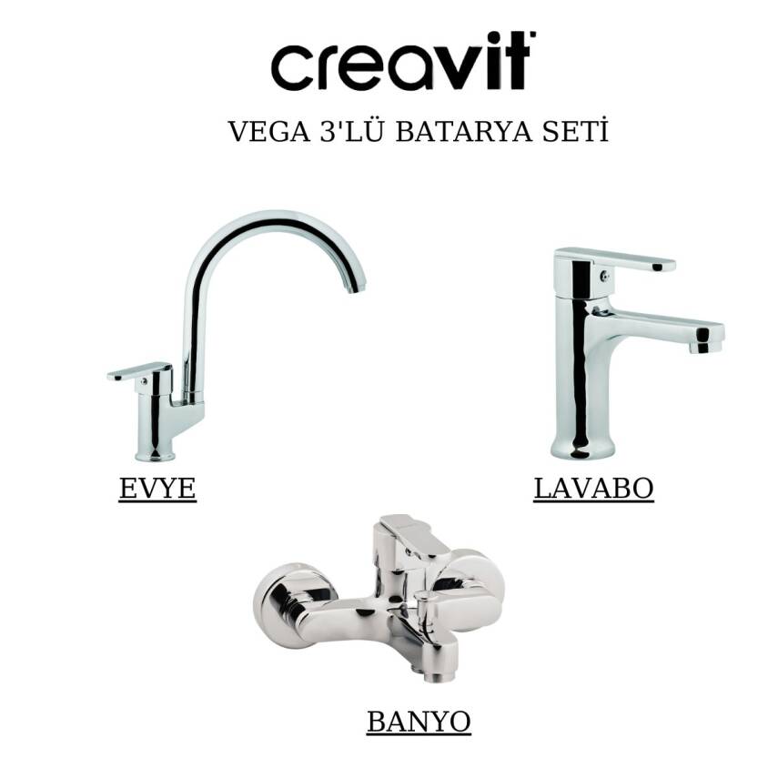 Creavit Vega Krom Lavabo-Banyo-Eviye Bataryası 3'lü Set VG1840-VG2840-VG8640 - 1